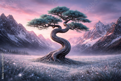 A landscape photograph of a twisted stands alone in a field of iridescent ice crystals. Behind the tree are dramatic snow-capped mountains