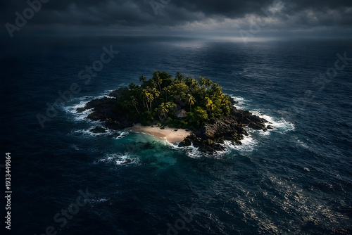 Aerial view of a small isolated tropical island in the middle of deep blue ocean