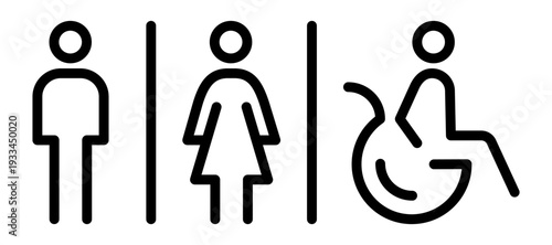Toilet line icon set with men, women and wheelchair symbols. WC restroom pictograms in outline style with editable stroke. Public bathroom vector signs isolated.