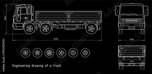 Vector engineering scheme of truck with trailer 
with dimensional lines
and numerical values of vehicle dimensions.
Computer technic cad design.  
Mechanical working drawing on paper sheet.