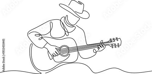 A cowboy plays an acoustic guitar, rendered in a continuous line drawing style.
