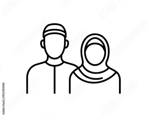 A minimalist line drawing of a man and woman in traditional attire