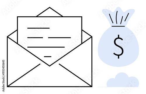 Financial planning, investment, communication, banking, savings, economic growth. Minimalist design with an envelope containing a letter and a money bag with a dollar sign. Financial planning