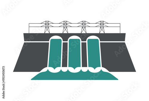 An illustration of a hydroelectric dam generating power with water flowing through its turbines