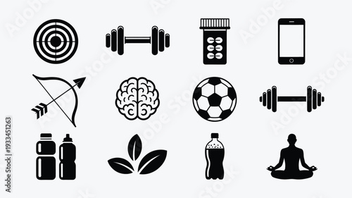 A clean vector illustration showcasing a collection of healthy lifestyle icons, including fitness, sports, and wellness elements, on a light gray background with black silhouettes.