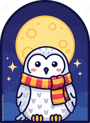 Cute Cartoon Snowy Owl Wearing Scarf Under Moonlight
