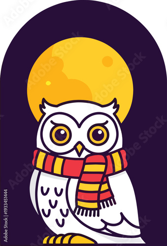 Cute Cartoon Owl Wearing Scarf Under Full Moon Illustration