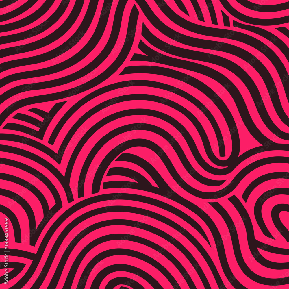Obraz premium Seamless wavy zebra pattern with bold pink and black stripes, abstract vector illustration background.