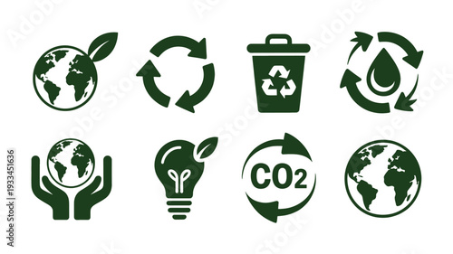 A vibrant and informative vector illustration set featuring eco-friendly symbols, including a green earth, recycling arrows, a trash can, a light bulb with a leaf, and CO2 reduction.