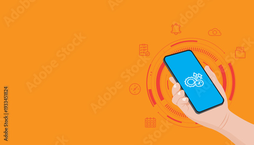 Digital business workflow concept with smartphone and dynamic circular interface illustrating connected applications, cloud services and real-time data synchronization for modern enterprises.