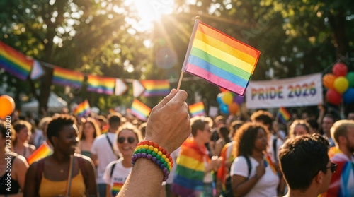 Hand holding a rainbow flag at a vibrant outdoor event, representing LGBT pride, diversity, and inclusion, set against a sunny backdrop