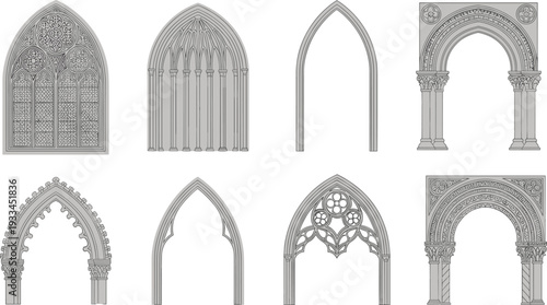 Black-and-white vector silhouette illustration of eight Gothic and Romanesque-style windows and arches with ornate tracery, columns, and decorative stonework, symbolizing