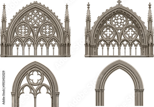 Black-and-white vector silhouette illustration of four Gothic-style windows and arches with ornate tracery, rose window, trefoils, and pointed arches, symbolizing medieval