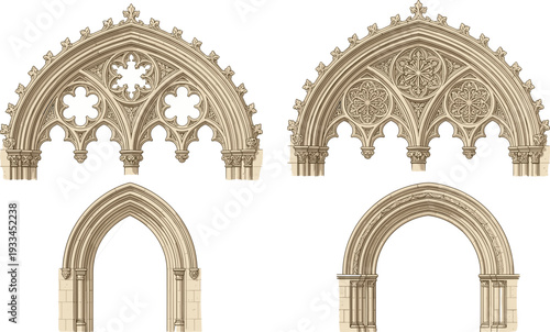 Black-and-white vector silhouette illustration of four Gothic and Romanesque-style arches with ornate tracery, floral motifs, and decorative stonework, symbolizing medieval 