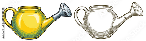 Two watering cans, one yellow and one transparent, standing side by side on a white surface viewed from the front