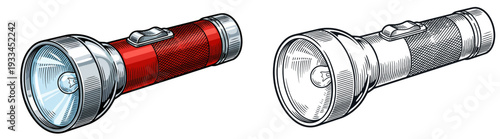 Two flashlights, one red and one silver, lying side by side on a clean surface, viewed from a slight angle