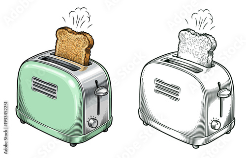 Illustration of two toasters with toast popping up, one mint and one silver, on a plain background from a front viewpoint