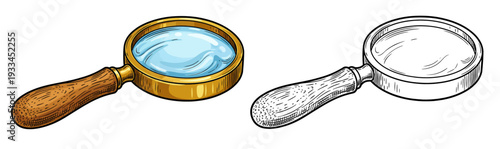 A magnifying glass and a hand-drawn magnifying glass placed side by side on a plain surface viewed from directly above