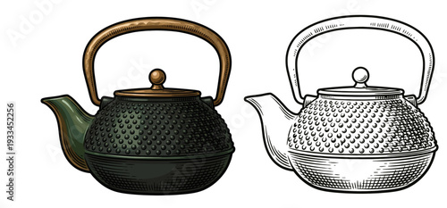 Illustration of a cast iron teapot and its outline viewed from the front on a white background