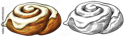 Cinnamon rolls with white frosting depicted in colorful and sketched styles side by side on a clean background