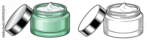 Two jars of cream with lids open, side by side, on a transparent background, viewed from the front