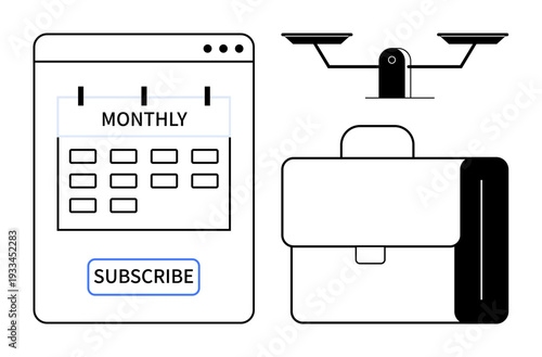 Online services, marketing strategy, subscription plans, business tools, decision-making, legal services. Monthly calendar with a subscribe button, scales and a briefcase. Subscription plans