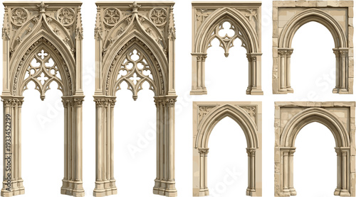 Black-and-white vector silhouette illustration of eight Gothic-style arches with ornate tracery, floral motifs, and decorative stonework, symbolizing medieval architecture, history, and design theme
