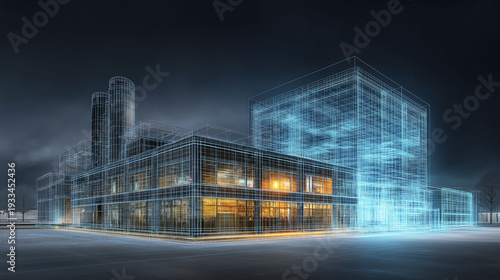 Futuristic architecture visualization of a building with glowing digital wireframe twin