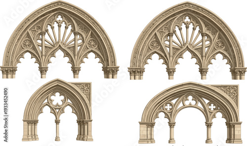 Black-and-white vector silhouette illustration of four Gothic-style pointed arch windows with ornate tracery, quatrefoils, trefoils, and decorative columns, symbolizing medieval 
