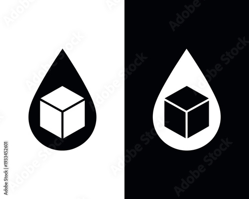 A minimalist graphic design featuring a cube inside a water droplet on a contrasting black and white background.