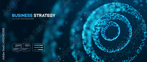 Business Strategy Background With Abstract Target Spiral Made Of Glowing Blue Particles On Dark Blue Background. Bullseye Shape Digital Particle Rings For Leadership Presentation. Vector Illustration.