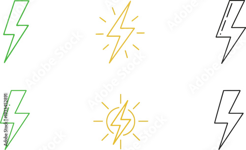 Six different styles of lightning bolt icons are displayed in green, yellow, and black outline variations on white.