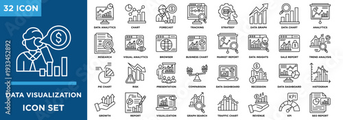 Data visualization line icon set including charts, dashboard, analytics, KPI, report, growth, and financial metrics.
