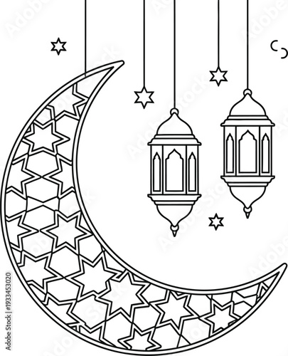 Crescent moon design featuring intricate geometric star patterns hangs with traditional lanterns for holiday.