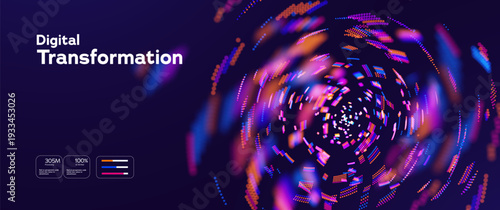 Futuristic Digital Transformation Concept With Neon Data Stream And Circular Particle Motion On Dark Background. Big Data Digital Technology. Innovation Strategies. Vector Illustration.