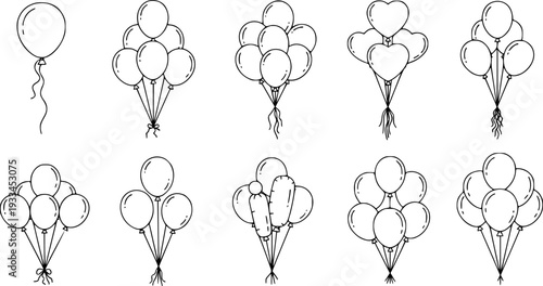 Collection of simple black outline balloon in various arrangements balloons celebration
