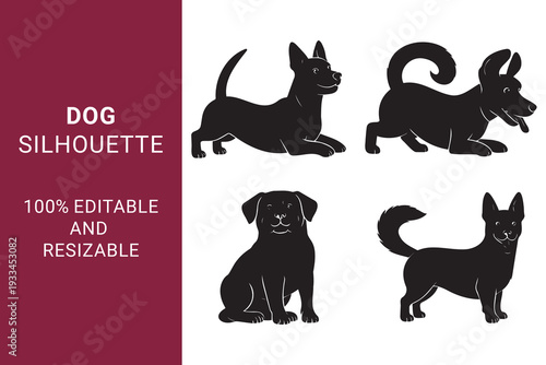 Dog Silhouette set with Various Breeds and Poses while they are Jumping, Running, and Sitting can be use able for Pet Branding and Logos 100% editable