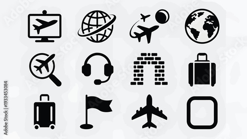 A collection of simple, black travel-related icons on a light gray background, perfect for use in designs, websites, or apps, evoking a sense of adventure and exploration.