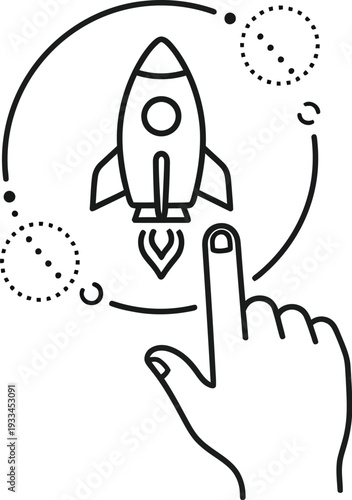 Finger touches screen initiating a rocket launch icon symbolizing startup speed and rapid project deployment.