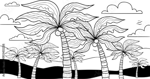 Whimsical black and white of a tropical palm tree grove with wavy fronds and textured trunks nature
