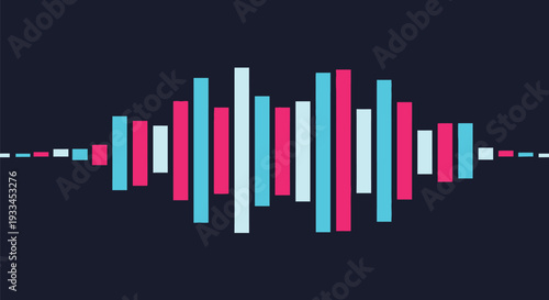 Audio waveform visualization displays vibrant colorful sound bars oscillating horizontally representing music frequency.