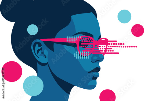 Profile view of a woman wearing augmented reality glasses with pixelated data streams suggesting immersive digital.
