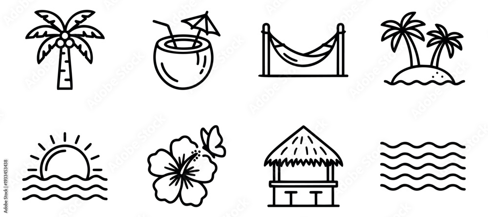 Naklejka premium Hand drawn line art tropical icons set featuring palm trees, a coconut drink, a hammock, and a beach hut for summer vacation and travel designs