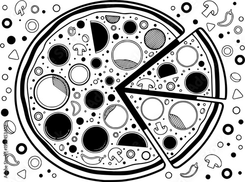 Stylized black and white of a sliced pizza with circular toppings and scattered decorative food
