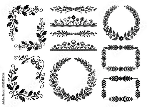 Elegant hand drawn floral elements set featuring wreaths, frames, corners, and dividers for wedding invitations and graphic design