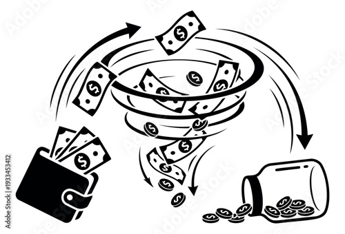 Line art illustration of money draining from a wallet depicting financial loss for economic concepts