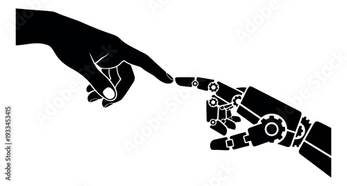 Modern graphic illustration of human and robot hands depicting fingers touching for artificial intelligence concepts