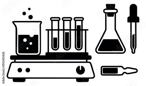 Bold line art chemistry laboratory set featuring a beaker, test tubes, flask, pipette, and ampoule for scientific research
