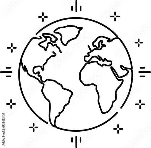 Stylized globe icon showing continents surrounded by communication signal indicators and decorative stars for global.