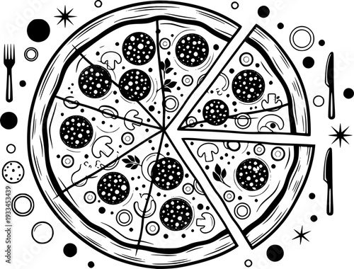 Stylized black and white of a sliced pizza with circular toppings and scattered decorative food
